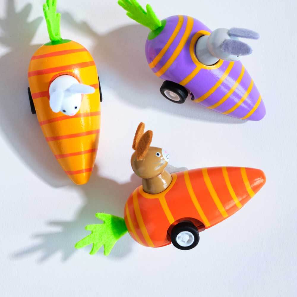 Easter wind up toys of bunnies in carrot-shaped cars