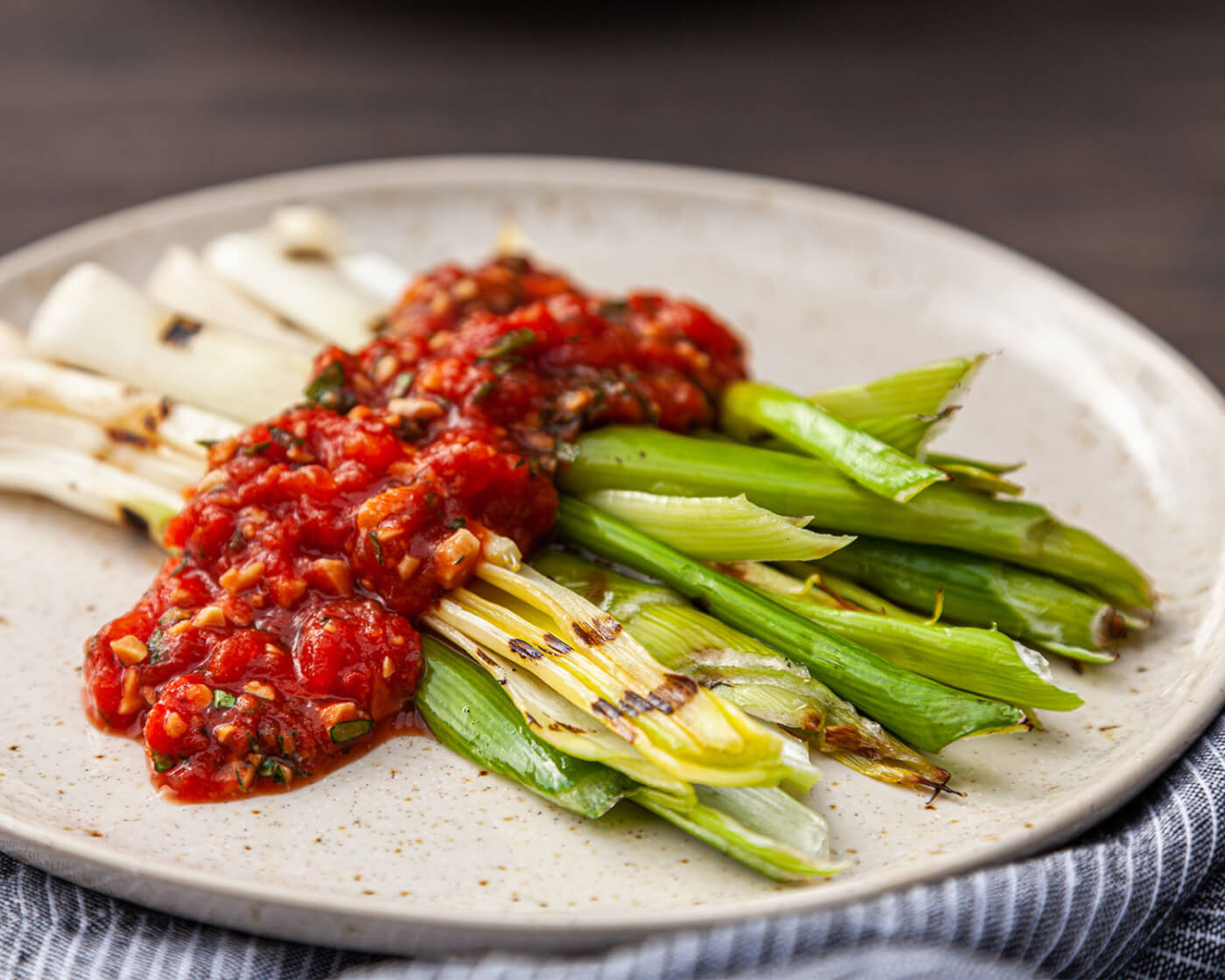 grilled leeks with salbitxada