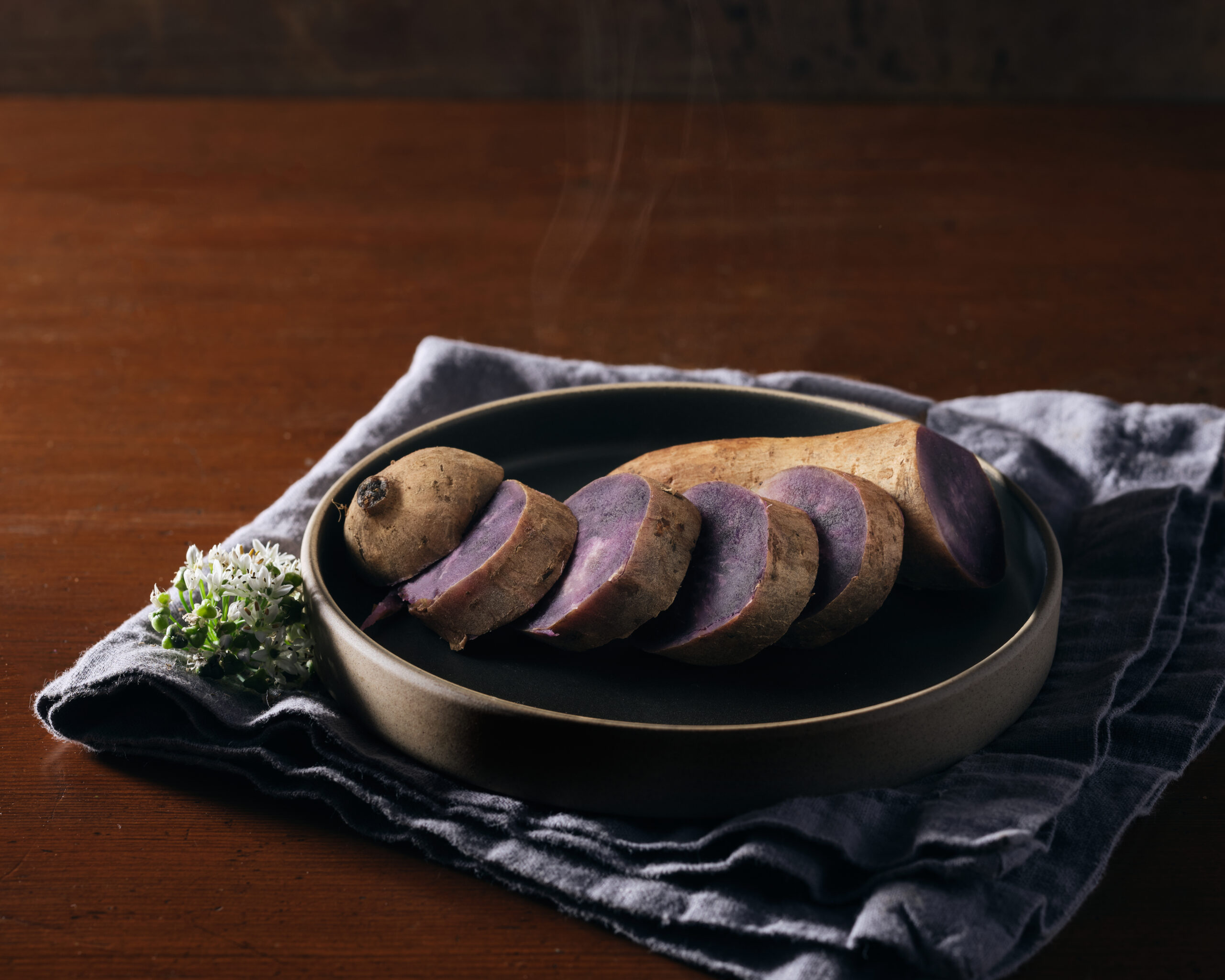 sliced and cooked okinawan sweet potato in a bowl